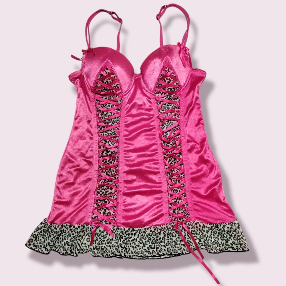 XXX Stretch Satin Lace Front Leopard Trim Slip Dress